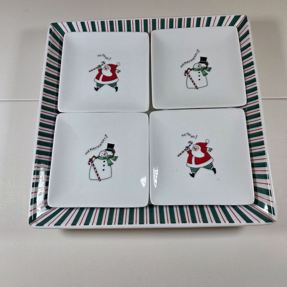 Fitz & Floyd Merry Christmas 5 Pc Appetizer Serving Set Santa Snowman 10"